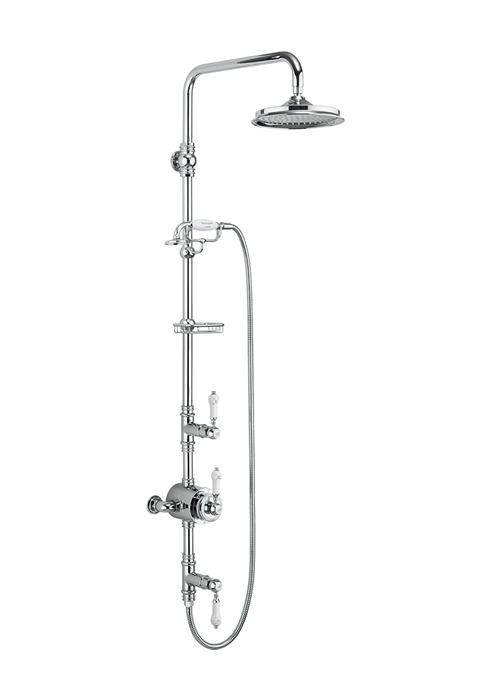 BF3S - STOUR termostatisk eksponert dusj to uttak, stiv stigerør, fast dusjarm, håndsett og holder med slange og såpekurv med rose-0